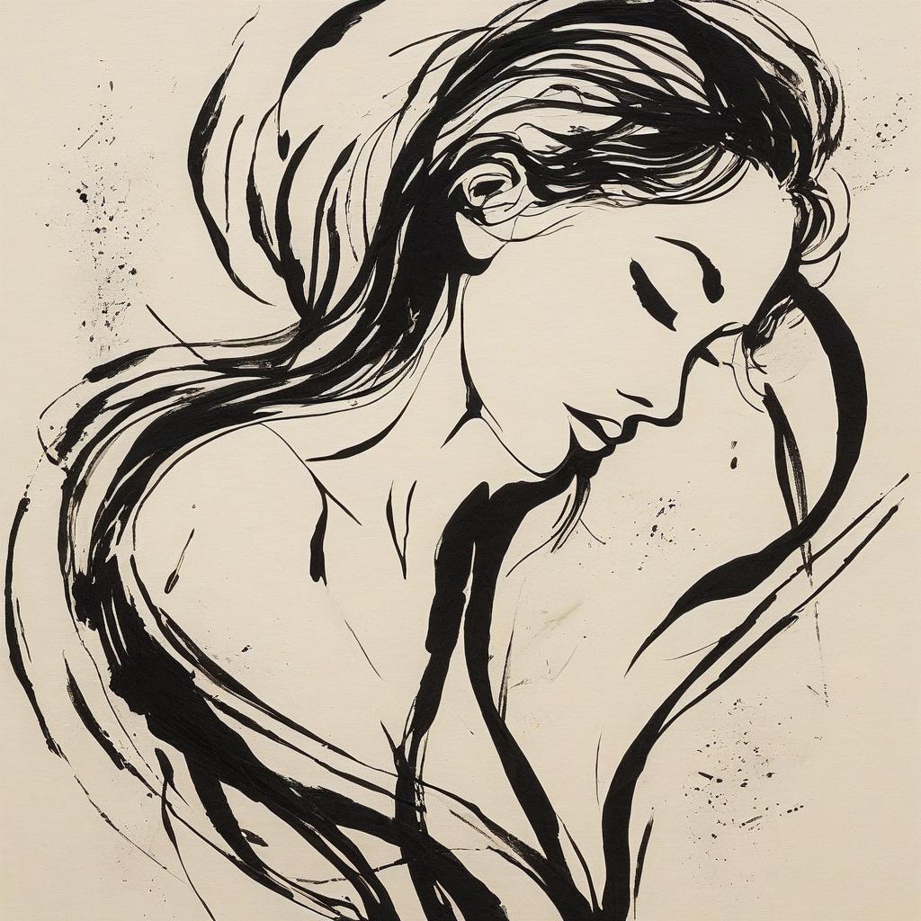  minimalist style (masterpiece, stunning, high resolution: 1.3), abstract expressionist, elegant, masterly pretentious drawing, silhouette of a gorgeous young woman, (graceful curves: 1.2), made with intricate strokes of black ink, smooth movement, (fine lines of mascara: 1.1), emphasizing contours, flat drawing on textured rice paper, merging with abstract art (bold strokes: 1.3), conveying emotion and movement, the accent complements rich and bold tonal contrasts, enlivens a serene and captivating atmosphere, a carefully balanced composition creates a feeling of fluidity and grace. . simple, clean, uncluttered, modern, elegant