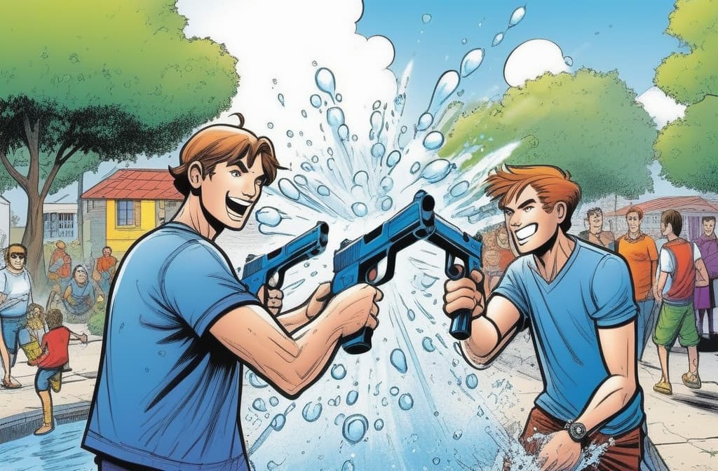  comic people with water pistols. summer day. splashes of water ar 3:2, graphic illustration, comic art, graphic novel art, vibrant, highly detailed