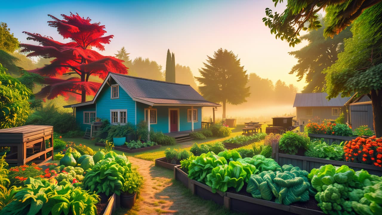  a vibrant urban homestead scene featuring a cozy house surrounded by flourishing vegetable gardens, fruit trees, chickens, and a small shed, all set within a lush green two acre landscape under a bright blue sky. hyperrealistic, full body, detailed clothing, highly detailed, cinematic lighting, stunningly beautiful, intricate, sharp focus, f/1. 8, 85mm, (centered image composition), (professionally color graded), ((bright soft diffused light)), volumetric fog, trending on instagram, trending on tumblr, HDR 4K, 8K