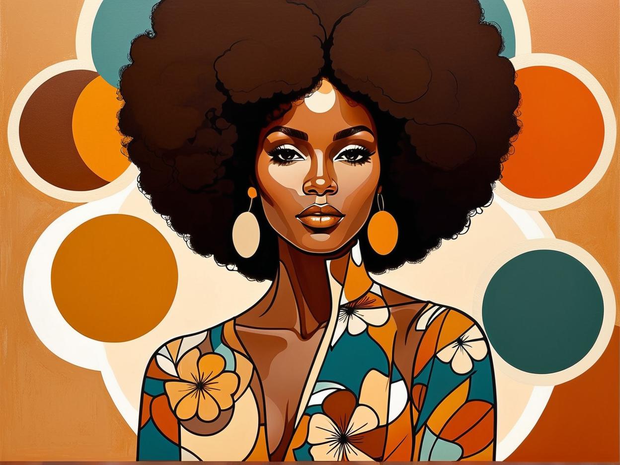  minimalism, a beautiful african woman with brown skin. with an afro. she wears a flowy 70s outfit. a retro brown 70s flower design is in the background. a minimalist painting, abstract, simple geometic shapes, hard edges, sleek contours, minimalism