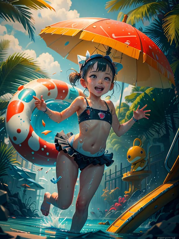  master piece, best quality, ultra detailed, highres, 4k.8k, A joyful young ., Splashing and playing in the water., Happiness and excitement., BREAK Young s having fun at a water park., Water park with slides and pools., Water slides, pool toys, and colorful umbrellas., BREAK Lively and vint., Glistening water and reflections., cart00d
