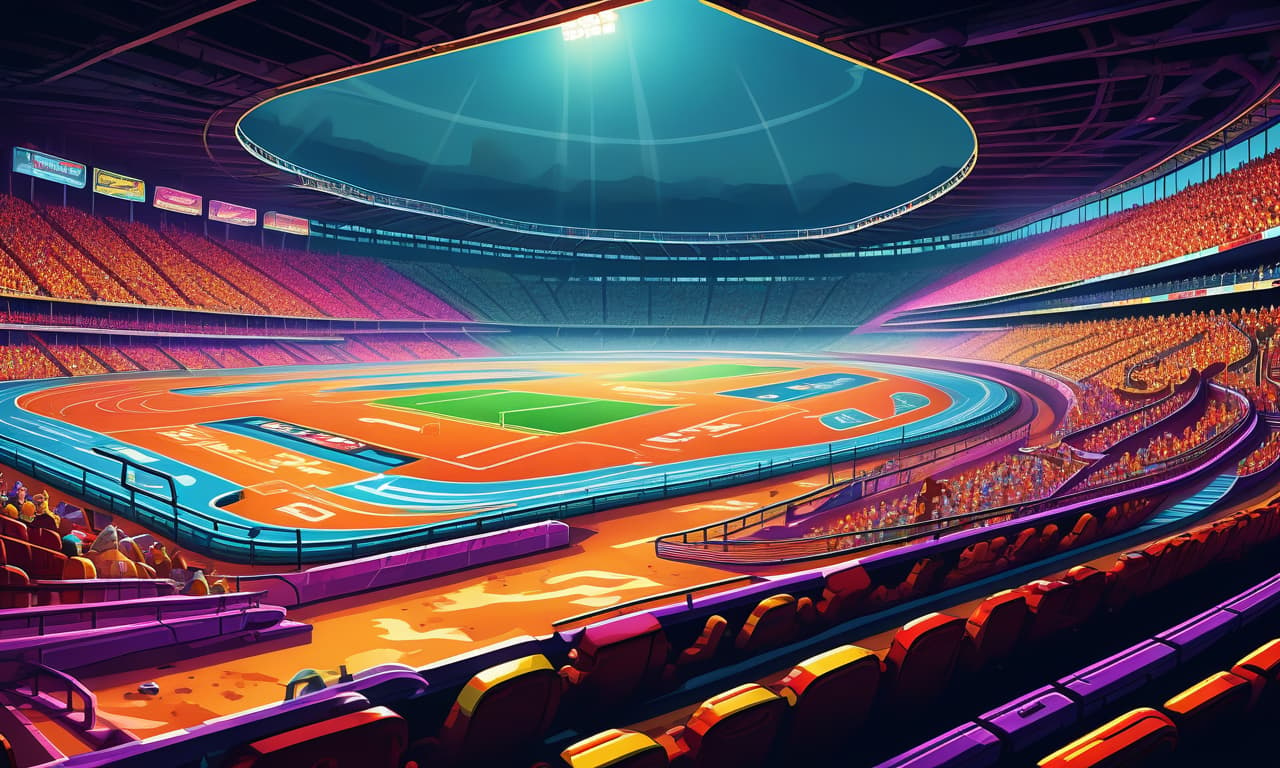  retro game art the arena for the battles of cars, racing track, the view from the inside, close up, the stands, view of the stands from the bottom up, floodlights, bright colors, pure colors . 16 bit, vibrant colors, pixelated, nostalgic, charming, fun