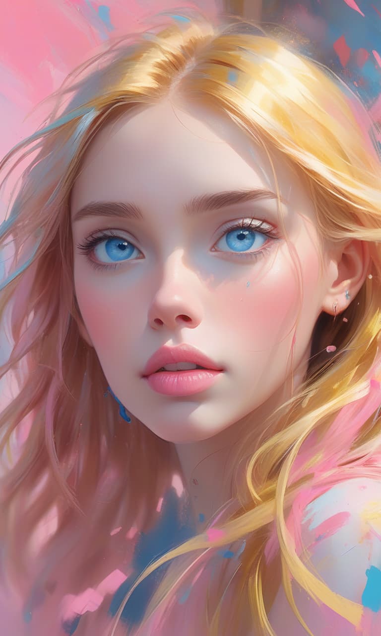  (masterpiece, 4k, uhd, trending on artstation:1.1), beautiful woman's face, (soft pink lips:1.2), (piercing blue eyes:1.1), (long flowing golden hair:1.2), digital palette knife oil and pastel painting, (digital painting:1.1), abstract art, (beautiful art:1.1), rossdraws 1.0, (emotional oil painting:1.1), oil canvas, (intricate details:1.2), (expressive brushstrokes:1.1), (vibrant colors:1.1), (dynamic composition:1.1), (captivating atmosphere:1.1), (inviting and thought provoking:1.1), (diagonal shot:1.1), (looking up in wonder:1.1), (cute and endearing expression:1.1), (mid meow:1.1).