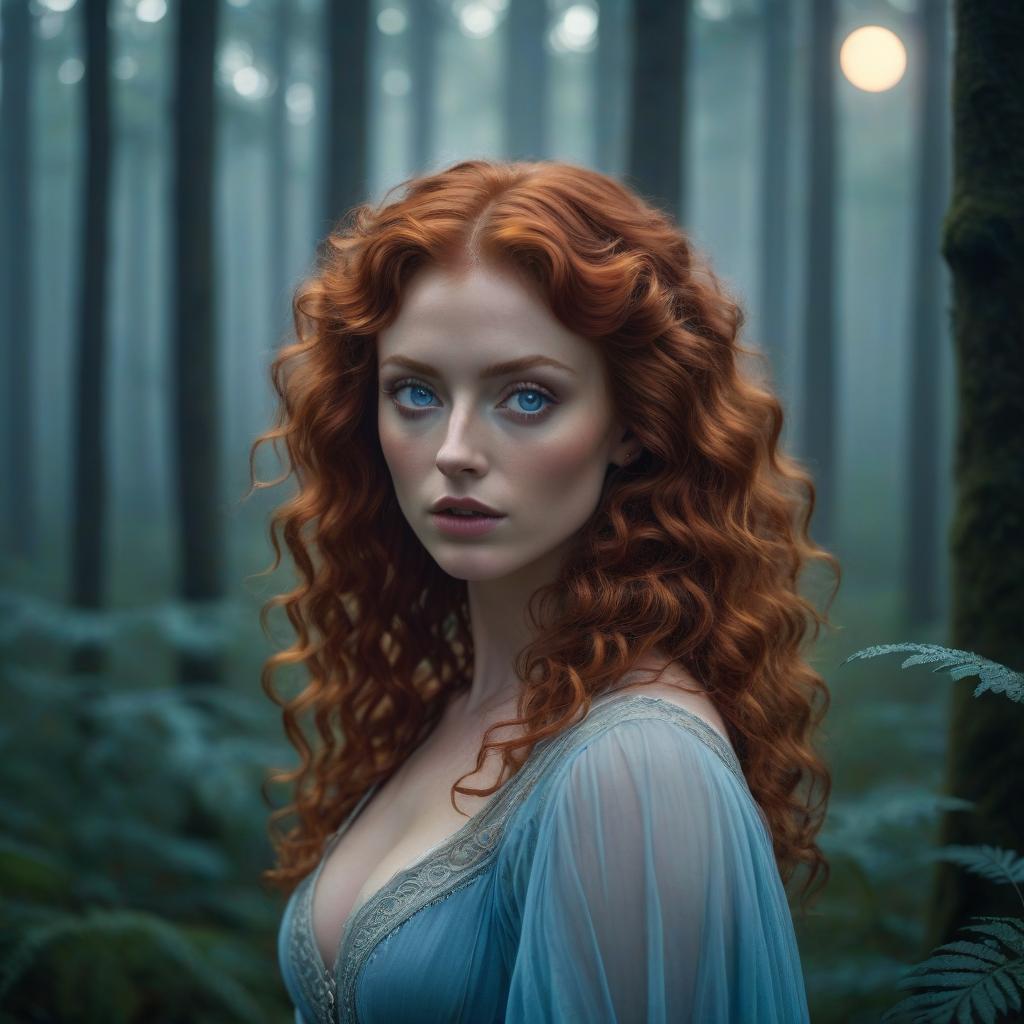  cinematic film still portrait of a beautiful red haired girl with curly hair and light blue eyes, thin body, intricate, over detailed oil painting in the pre raphaelite style, against a forest background, at night, foggy art, fantasy, full moon on the background . shallow depth of field, vignette, highly detailed, high budget, bokeh, cinemascope, moody, epic, gorgeous, film grain, grainy hyperrealistic, full body, detailed clothing, highly detailed, cinematic lighting, stunningly beautiful, intricate, sharp focus, f/1. 8, 85mm, (centered image composition), (professionally color graded), ((bright soft diffused light)), volumetric fog, trending on instagram, trending on tumblr, HDR 4K, 8K