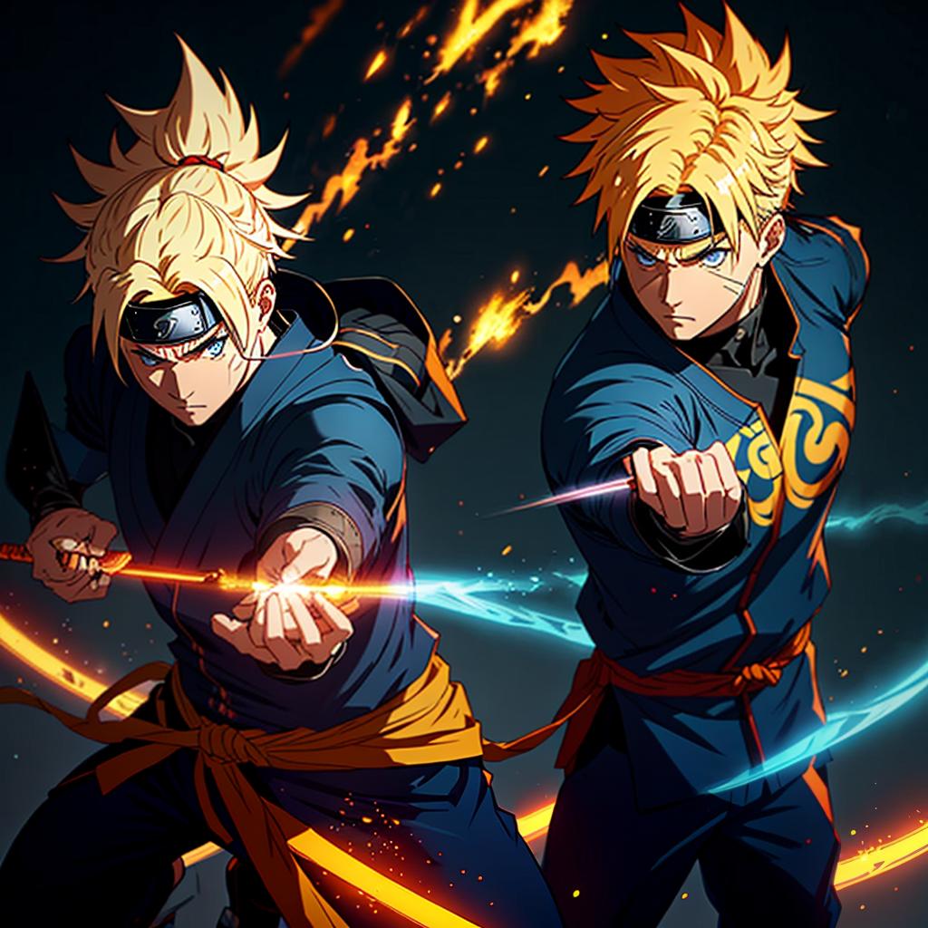  a young ninja with spiky blonde hair, blue eyes, wearing an orange and blue jumpsuit, headband with leaf symbol, standing in fighting pose, naruto style, dynamic pose, detailed, anime style, sharp focus hyperrealistic, full body, detailed clothing, highly detailed, cinematic lighting, stunningly beautiful, intricate, sharp focus, f/1. 8, 85mm, (centered image composition), (professionally color graded), ((bright soft diffused light)), volumetric fog, trending on instagram, trending on tumblr, HDR 4K, 8K