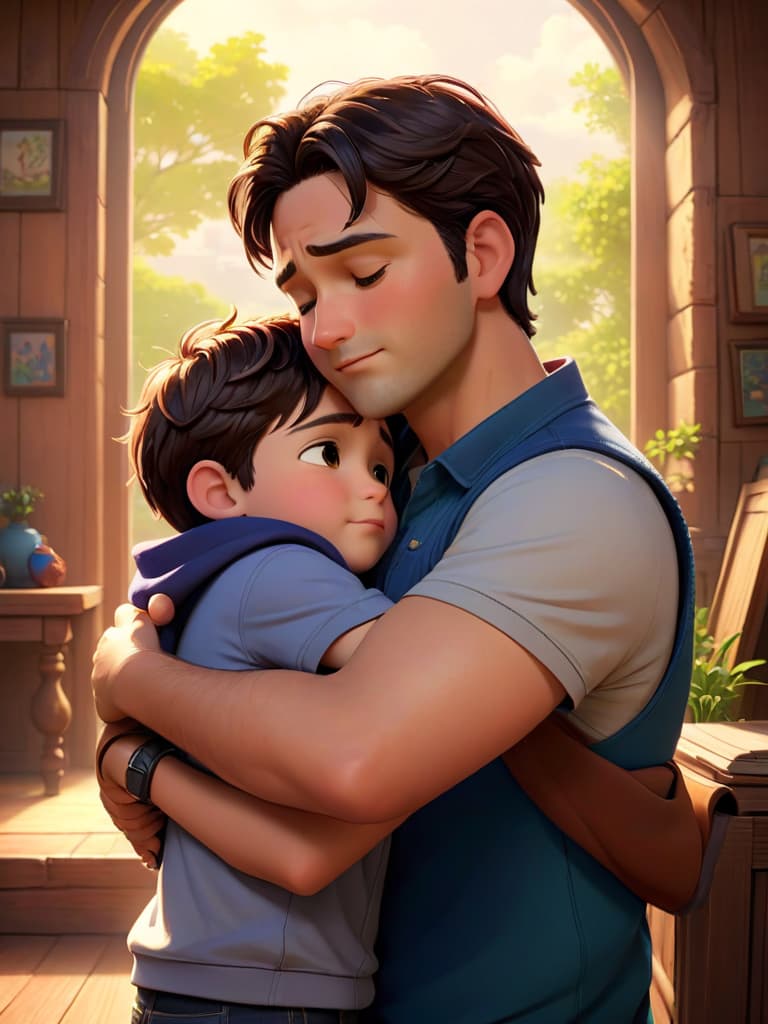  father and son, hug together, happy moment, pixar style, anime artwork, anime style, key visual, vibrant, studio anime, highly detailed