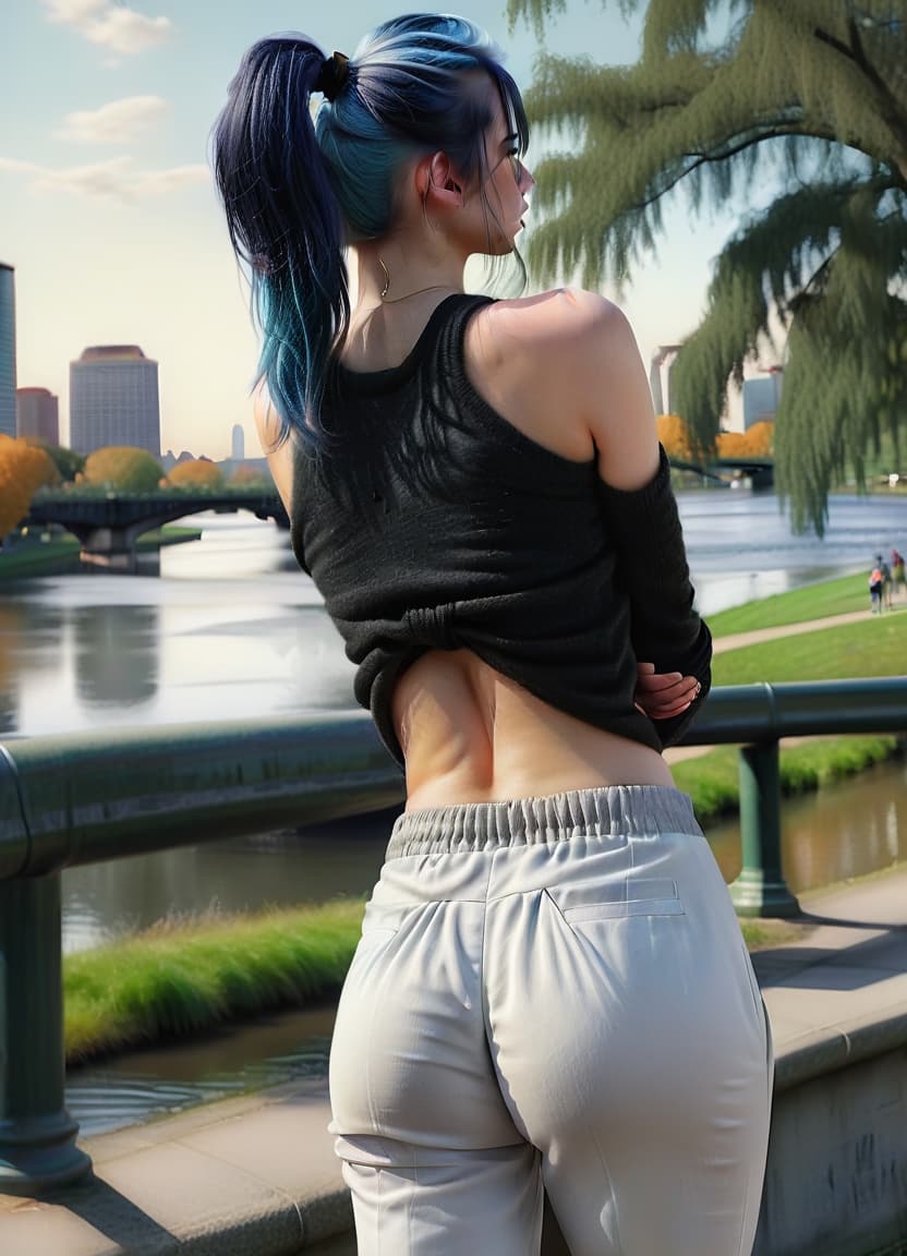  hyperrealistic art a back view, a girl with blue hair gathered in a ponytail, gray eyes, a black wool top, white wide pants, a sports ass, a large bust, against the background of a city park with a river. . extremely high resolution details, photographic, realism pushed to extreme, fine texture, incredibly lifelike, civitai, perfecteyes