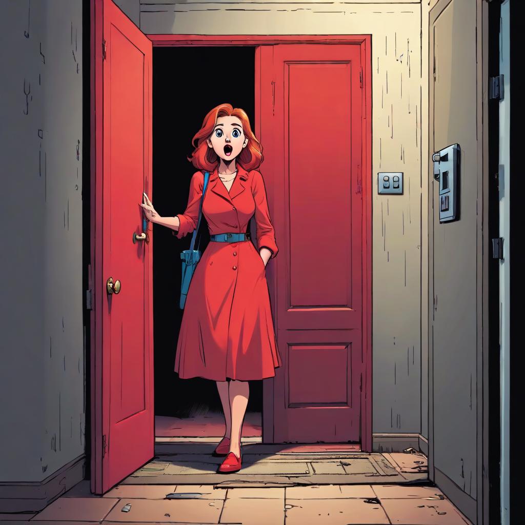  draw a color comic, a woman standing in the doorway, the doorway is red, the woman has a surprised face.