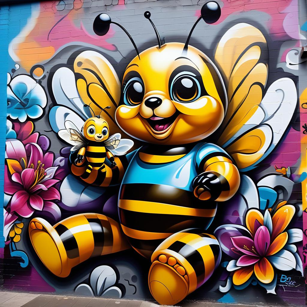  graffiti style ceiling sized toy bee and lilliput toy bear . street art, vibrant, urban, detailed, tag, mural