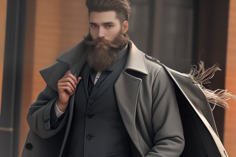  a young man in a coat and shirt, with a neat beard