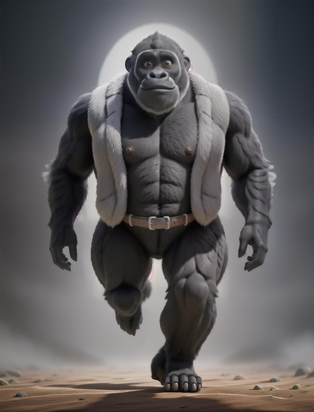  A big gorilla running hyperrealistic, full body, detailed clothing, highly detailed, cinematic lighting, stunningly beautiful, intricate, sharp focus, f/1. 8, 85mm, (centered image composition), (professionally color graded), ((bright soft diffused light)), volumetric fog, trending on instagram, trending on tumblr, HDR 4K, 8K