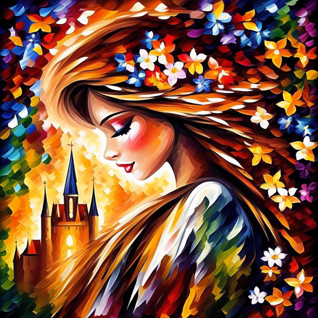  (style of leonid afremov:1.5), fantasy world with pixies and flowers, a castle with many flowers, flying pixi girl, pixi dressed in a dress made of flowers, in clothes made of flowers, forest of flowers, alley of flowers in the forest, dream, wings of flowers, night and stars, epic realism, anime features, dark fantasy, abstract horror, desaturated color palette, gothic and renaissance aesthetic,