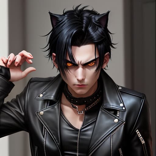  guy with black hair, black leather jacket. he has olive eyes and black wolf ears. evil look