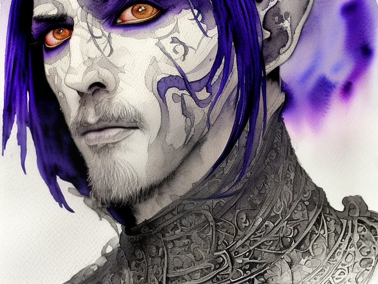 dvarchmodern portrait of a man, tiefling race, blue skin, black hair with gray, black horns, goatee, purple eyes and black vertical eyeshadows, by howard pyle, (dim, watercolor 2 but extremely beautiful:1.4), (intricate details, masterpiece, best quality:1.4) , in the style of nicola samori, japanese style ink drawing, ink drawing, ink wash, japanese style ink drawing,, looking at viewer