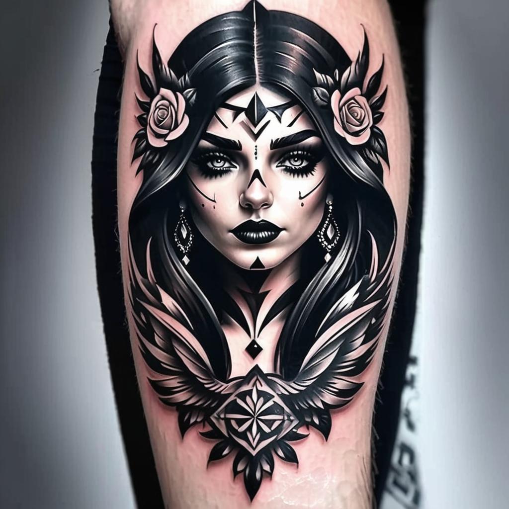  chicano tattoo , (tattoo:1.15), black and white style, hq, hightly detailed, 4k