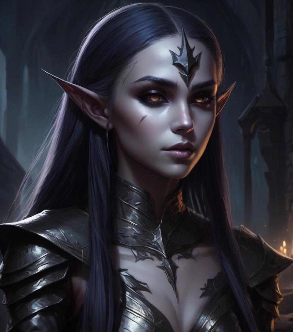  concept art dark elf girl with (small neat elf ears: 5.9) . digital artwork, illustrative, painterly, matte painting, highly detailed