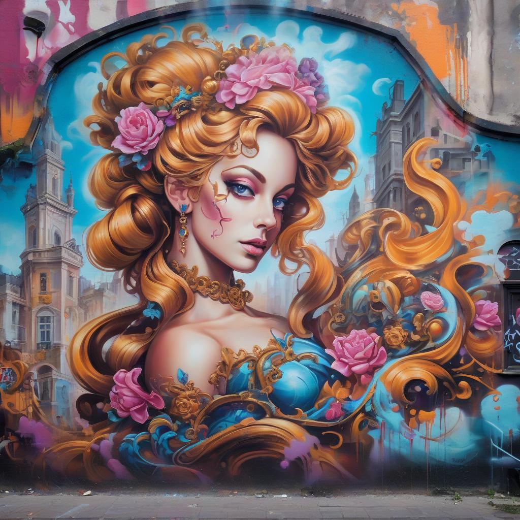  graffiti style rococo, oil, canvas, high quality image, city madwoman . street art, vibrant, urban, detailed, tag, mural