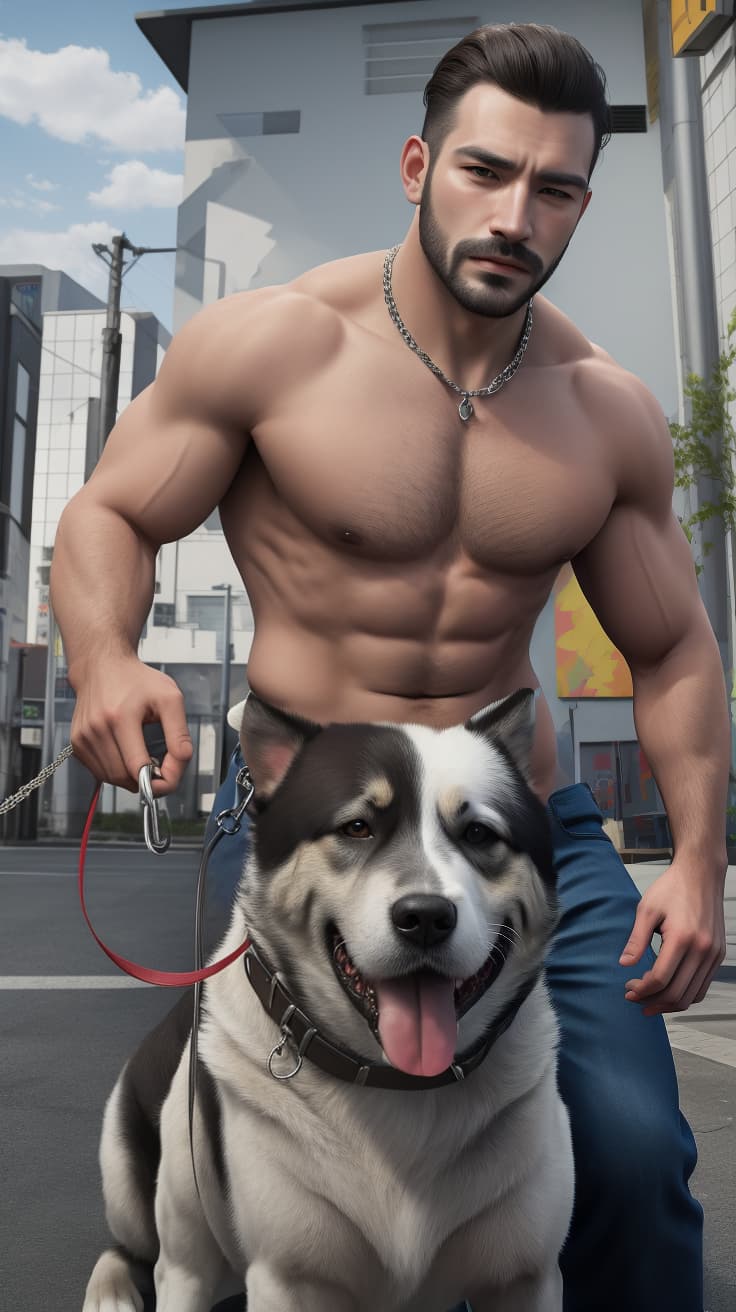  masterpiece, best quality, a frontal image of a man pulling on the leash of an aggressive dog