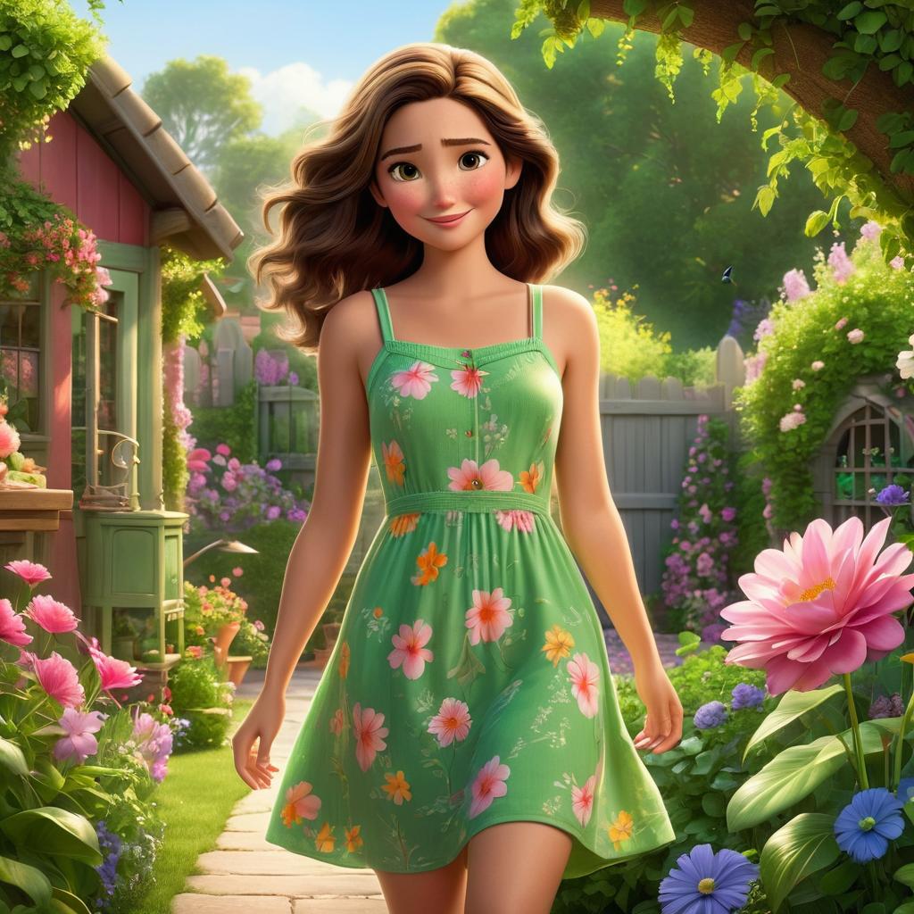  in 3d animated movie style. disney pixar style. sara, a 4 s , in colorful sundress and pink sandals, embodies curiosity and kindness. lucky, with feather outfits, symbolizes graude and mischief. the cozy backyard garden features blooming flowers, a bird, and lush greenery, ed in warm, soft sunlight. ilrated in a high resolution pixar 3d animated film style with lifelike textures and vivid colors, the scene highlights the vint greens of the garden and sara's sundress. the slightly elevated view captures the tender moment of sara caring for lucky, emphasizing their bond.