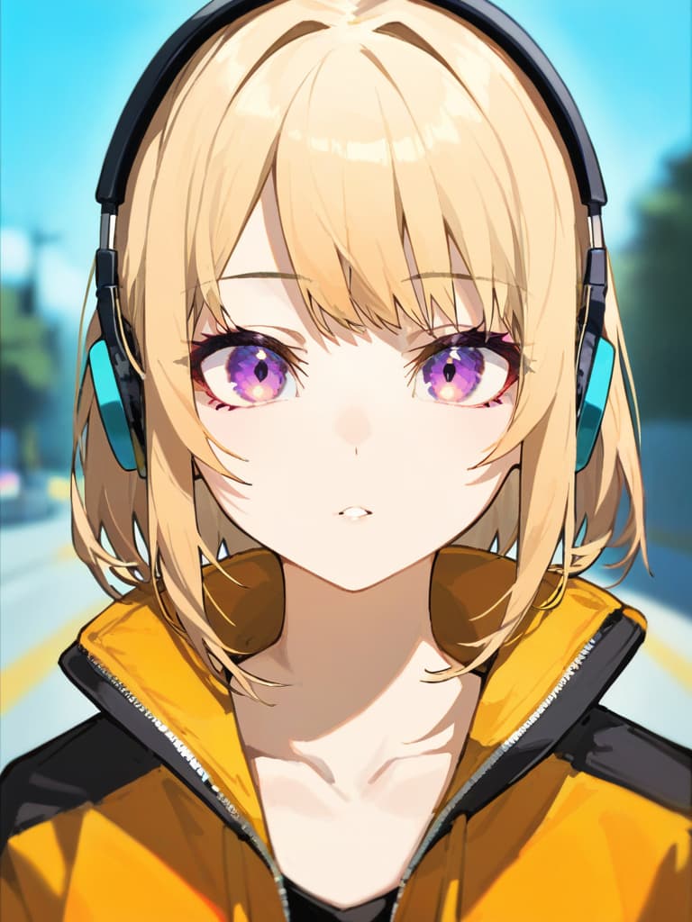  (black cat ear headphones: 1.2), masterpiece, (purple eyes: 1.3), (close up: 1.2), from front, double eyelids, medium hair, (beige hair: 1.2) mile, (orange oversided jacket: 1.2), white turtoreneck, triangle hair pin the three,