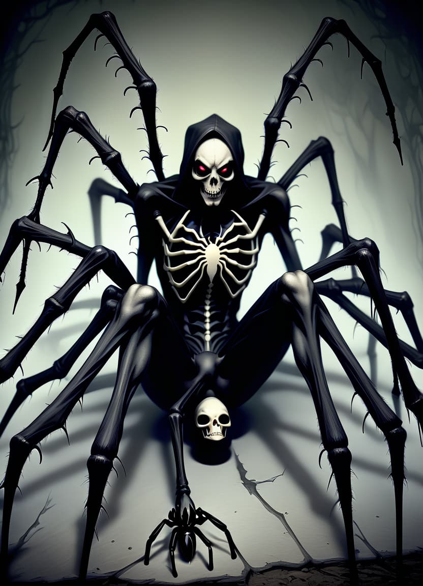  macabre style make him a spider body instead of his legs . dark, gothic, grim, haunting, highly detailed