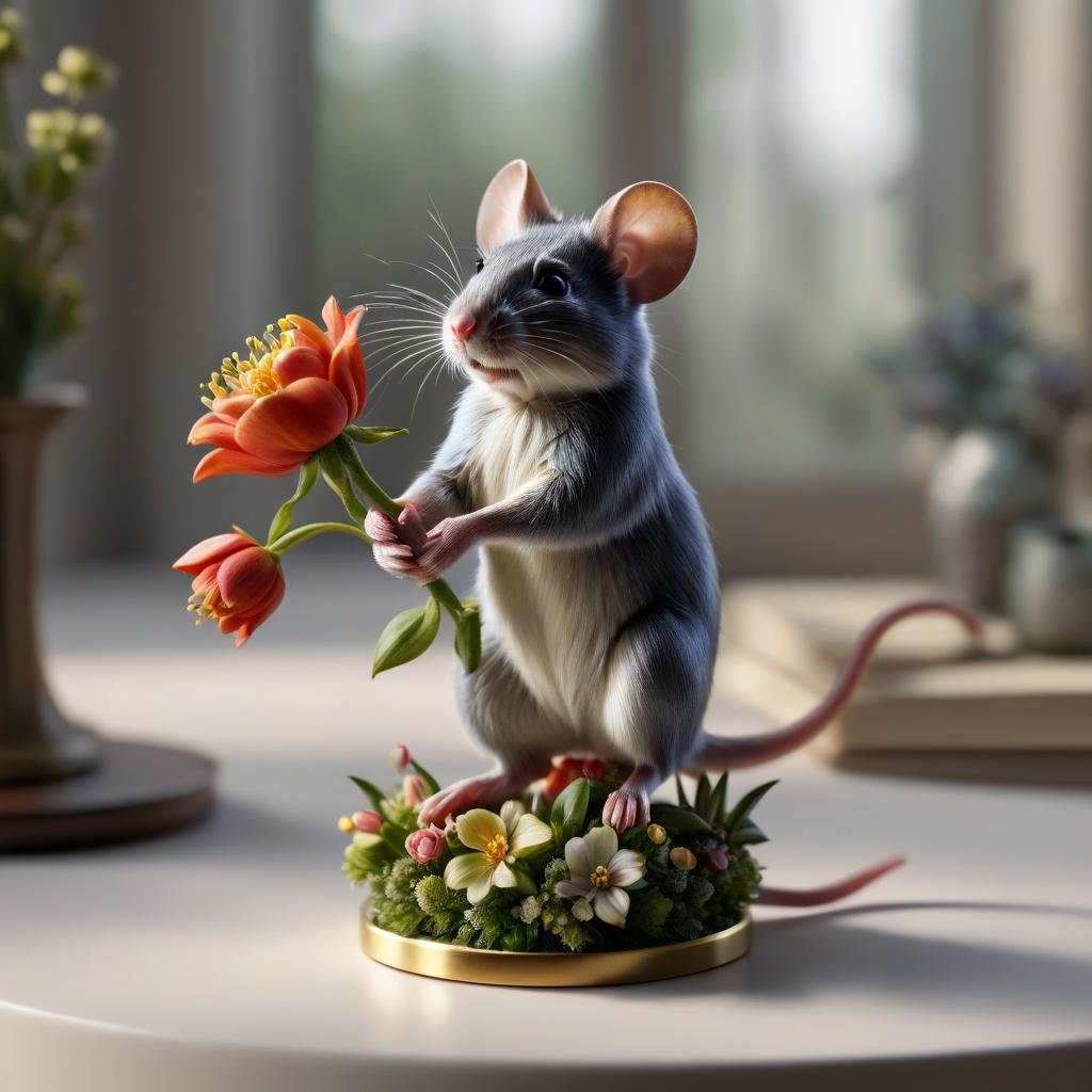  isometric style the mouse leans on a vase of flowers and reaches full length to the buds . vibrant, beautiful, crisp, detailed, ultra detailed, intricate hyperrealistic, full body, detailed clothing, highly detailed, cinematic lighting, stunningly beautiful, intricate, sharp focus, f/1. 8, 85mm, (centered image composition), (professionally color graded), ((bright soft diffused light)), volumetric fog, trending on instagram, trending on tumblr, HDR 4K, 8K