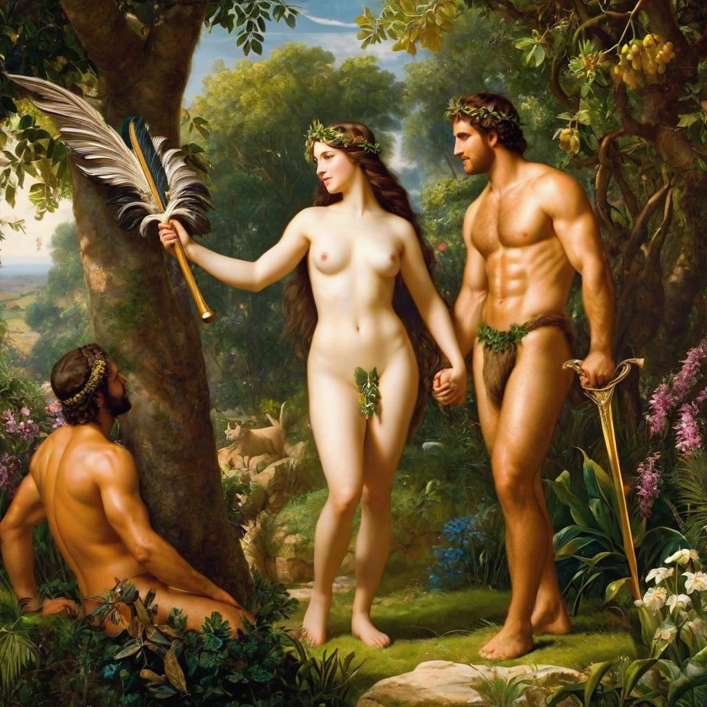  make me a photo of adam and eve in the garden of eden, lamb skin’s clothes. god almighty is giving them weapons. smiles are on their faces, wanting to kill somebody., award winning, professional, highly detailed, masterpiece