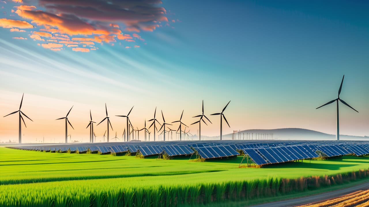  a split landscape showing vibrant green fields with wind turbines and solar panels on one side, contrasted with a barren industrial scene of smokestacks and oil rigs on the other, under a bright blue sky. hyperrealistic, full body, detailed clothing, highly detailed, cinematic lighting, stunningly beautiful, intricate, sharp focus, f/1. 8, 85mm, (centered image composition), (professionally color graded), ((bright soft diffused light)), volumetric fog, trending on instagram, trending on tumblr, HDR 4K, 8K