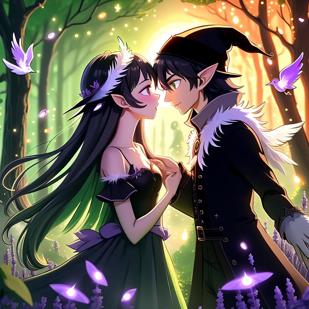  breathtaking anime 4k, a witch girl with black hair in a black dress and a hat with white feathers and a male elf in light green clothes, a sunset in the forest with lavender and fireflies, romance, kiss, anime, fiction, 4k, love, fairy tale, magic . award winning, professional, highly detailed