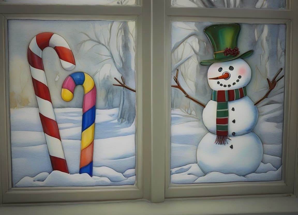  watercolor painting images of drawn paintings of christmas canes and snowman on the window, white light at sunny noon . vibrant, beautiful, painterly, detailed, textural, artistic