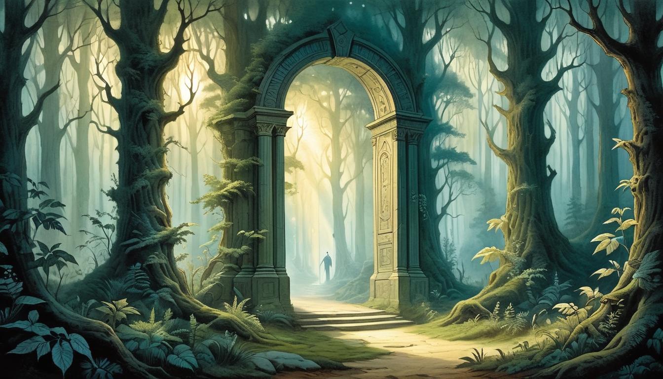  on parchment, surrealism+++, bright, celestial doorway opening in a shadowy forest, light spilling out illuminating surroundings, mystical, awakening, new chapter begun(mysterious, provocative, symbolic,muted color)+++