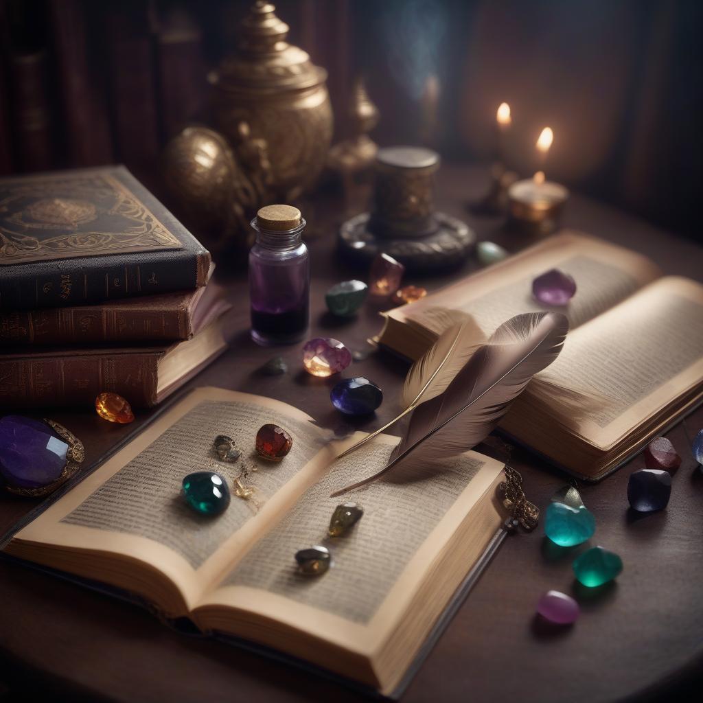  cinematic film still a book of spells on a table with different precious stones and a feather with an inkwell . shallow depth of field, vignette, highly detailed, high budget, bokeh, cinemascope, moody, epic, gorgeous, film grain, grainy