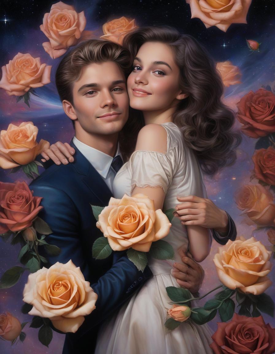  space themed portrait of a beautiful young woman with tea colored lush roses, and a handsome young man hugging her, both looking happy, hyperrealistic, in the style of james gurney, justin gerard, . cosmic, celestial, stars, galaxies, nebulas, planets, science fiction, highly detailed