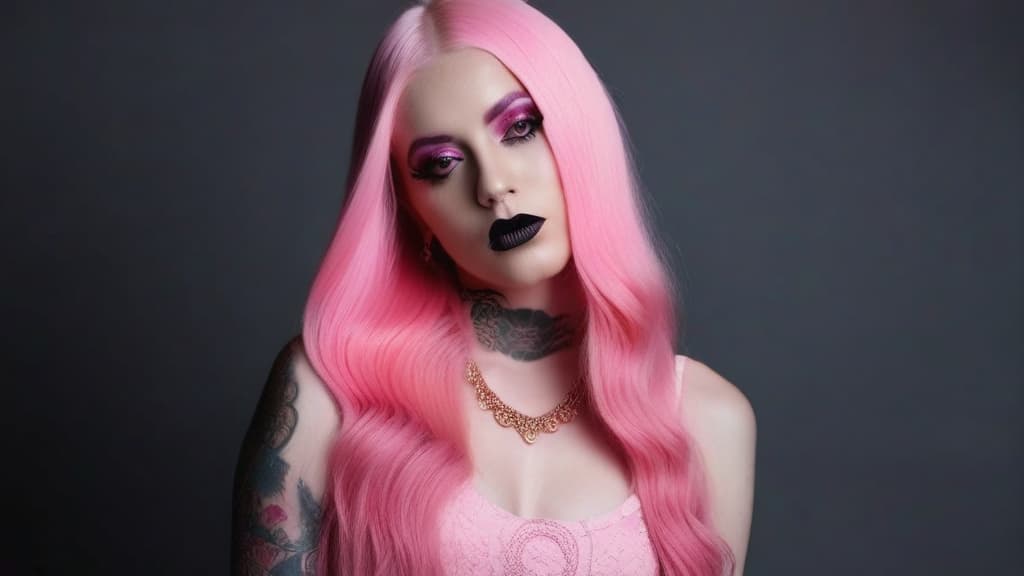  4 age women,full body shot portrait horrifying scary pale long pink hair ,full white eyes, black lips, black dripping eyeshadow tattoos,in pink cotton with pink trim