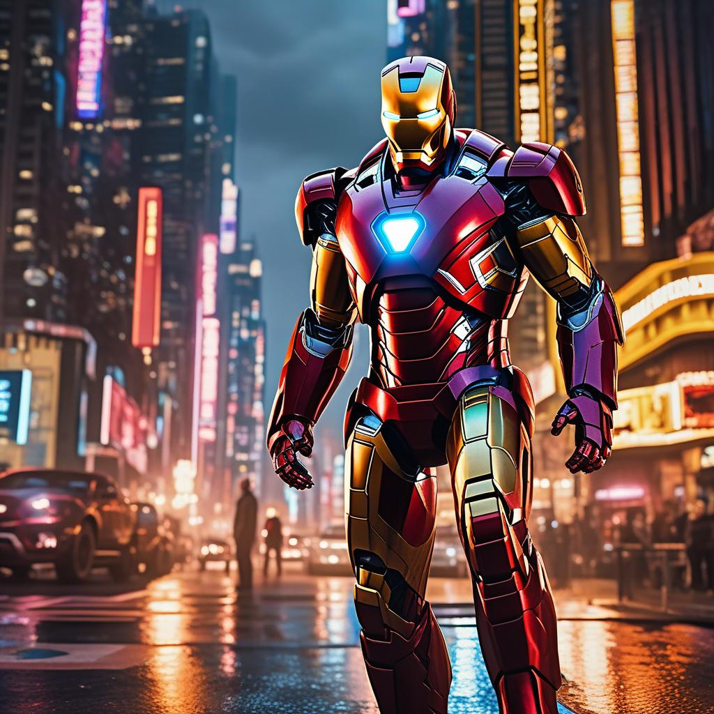  masterpiece, best quality, masterpiece, 8k resolution, realistic, highly detailed, Iron Man close-up. He stands on a street lined with tall buildings in a cyberpunk style city at night. The city's night lights are bright, and the surrounding buildings and streets are full of cyberpunk elements such as neon lights, high-tech equipment and futuristic architectural design.