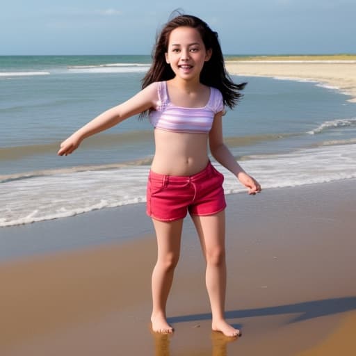  girl child wearing only shorts playing on beach