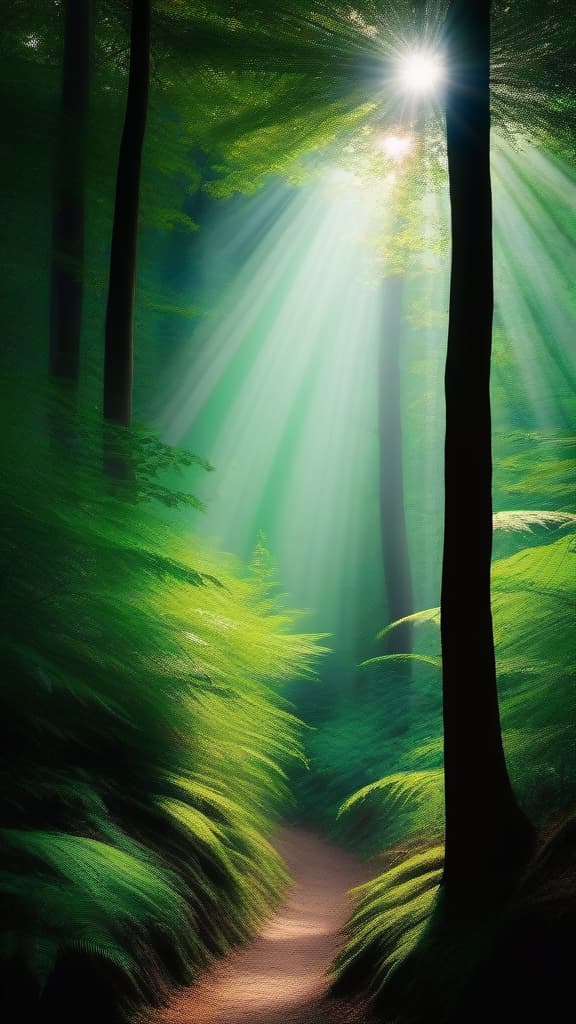  a lush, green forest with sun rays piercing through the dense canopy, creating a magical, ethereal atmosphere