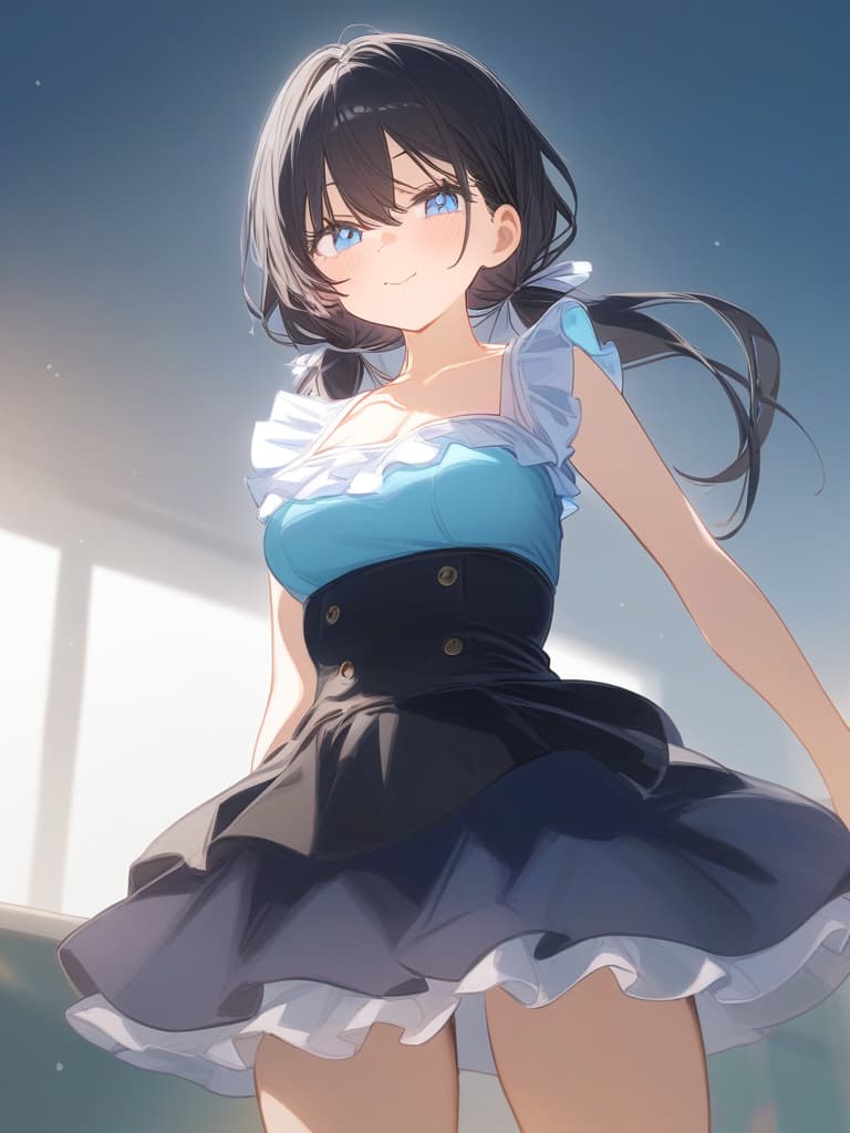  cute face focus,cute,black hair,light blue eyes,cute posing,frill onepiece,low twin tail