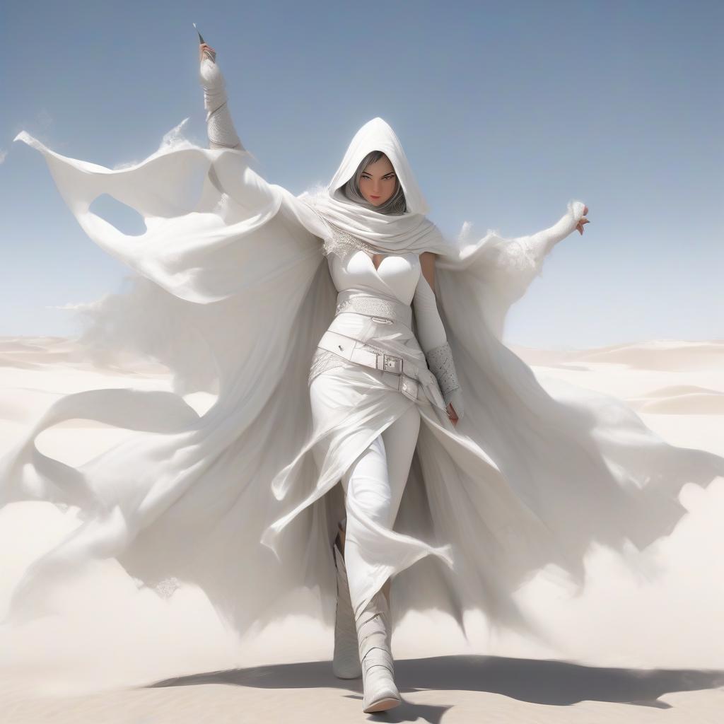  fantasy is a thin girl with a white handkerchief on her mouth and nose, in white, in white gloves with natural fingers, in a white rag, openwork cloak, with large round holes all over her cloak, in laced shoes. a pointed hood. big steel buckles. two belts on the belt. gray shoes.