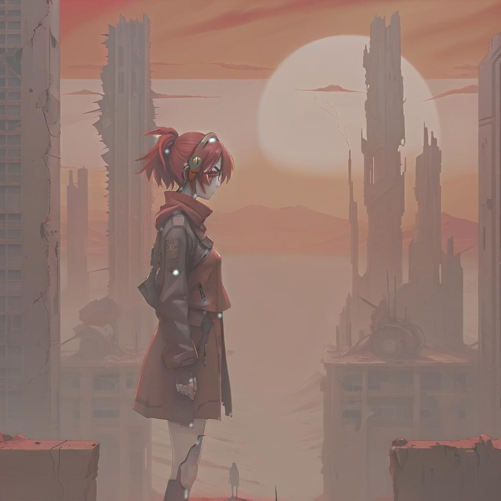  breathtaking high quality anime image, woman standing in a red desert, post apocalyptic landscape with ruined buildings, cyberpunk art, the red sunset . award winning, professional, highly detailed