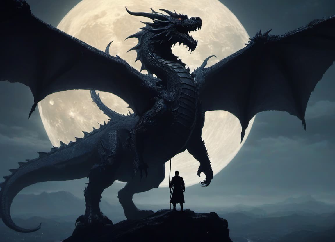  concept art silhouette hero behind which a huge dragon from the middle ages in the full moon . digital artwork, illustrative, painterly, matte painting, highly detailed, hkmagic