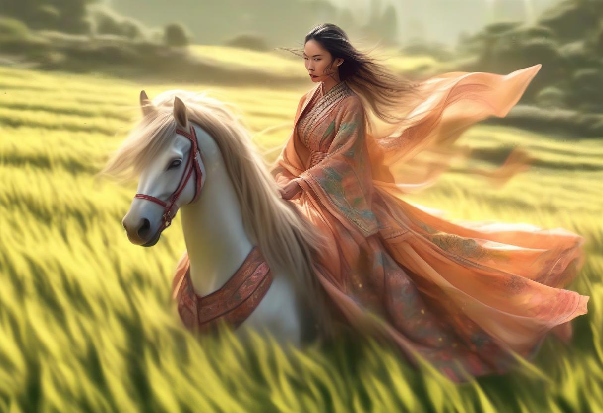  concept art girl rides horse in lush dress across field, asian woman . digital artwork, illustrative, painterly, matte painting, highly detailed