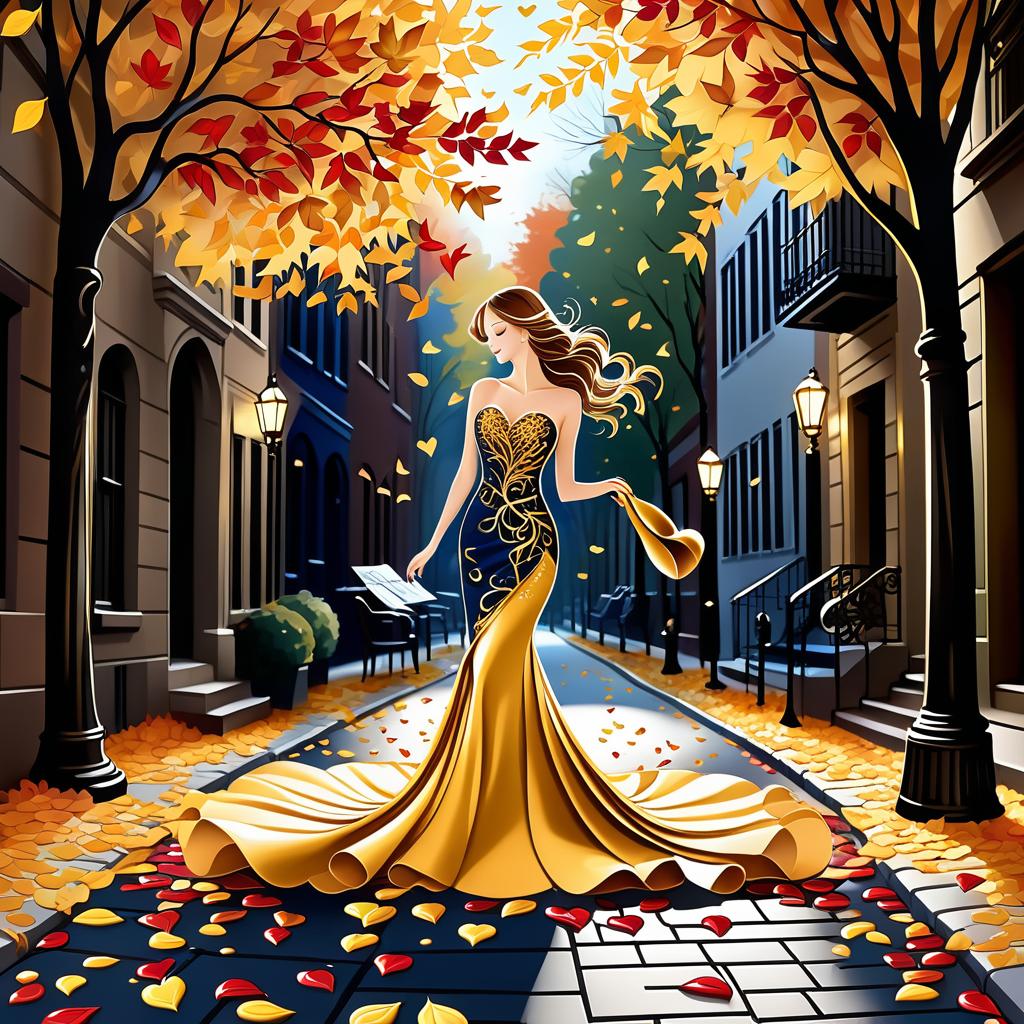  luxury product style on a carpet of yellow leaves in a simple dress of wind given crepe autumn danced a waltz boston in an alleyway. the warm day flew away and the saxophone sang hoarsely. (background of the card): falling autumn leaves, a whirlwind of autumn leaves, wind saxophone, ((a box of chocolates, the inscription "autumn waltz")) , a greeting card. (heart), a beautiful figure made of contours in the shape of a heart. (heart colour): night sky background, stars, gold pattern. (style):fantasy, autumn art, autumn romance. (colours):gold, green gold, navy blue, red, red gold, brown gold, silver, golden blue, bluish blue, dark blue on gold . elegant, sophisticated, high end, luxurious, professional, highly detailed