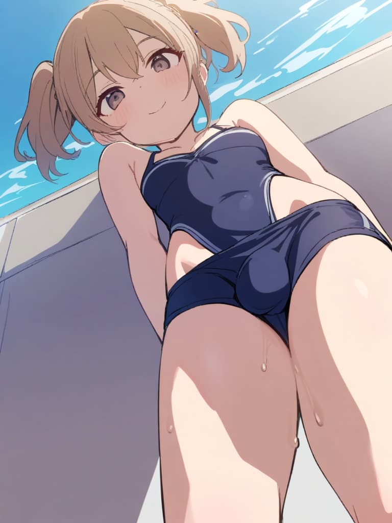  women's elementary students (with male), twin tails, cute smiles, rich s, short stature, dark blue swimwear, old swimwear, swimwear, simple, (swelling), upward, (bulge), front, whole body, pool side,