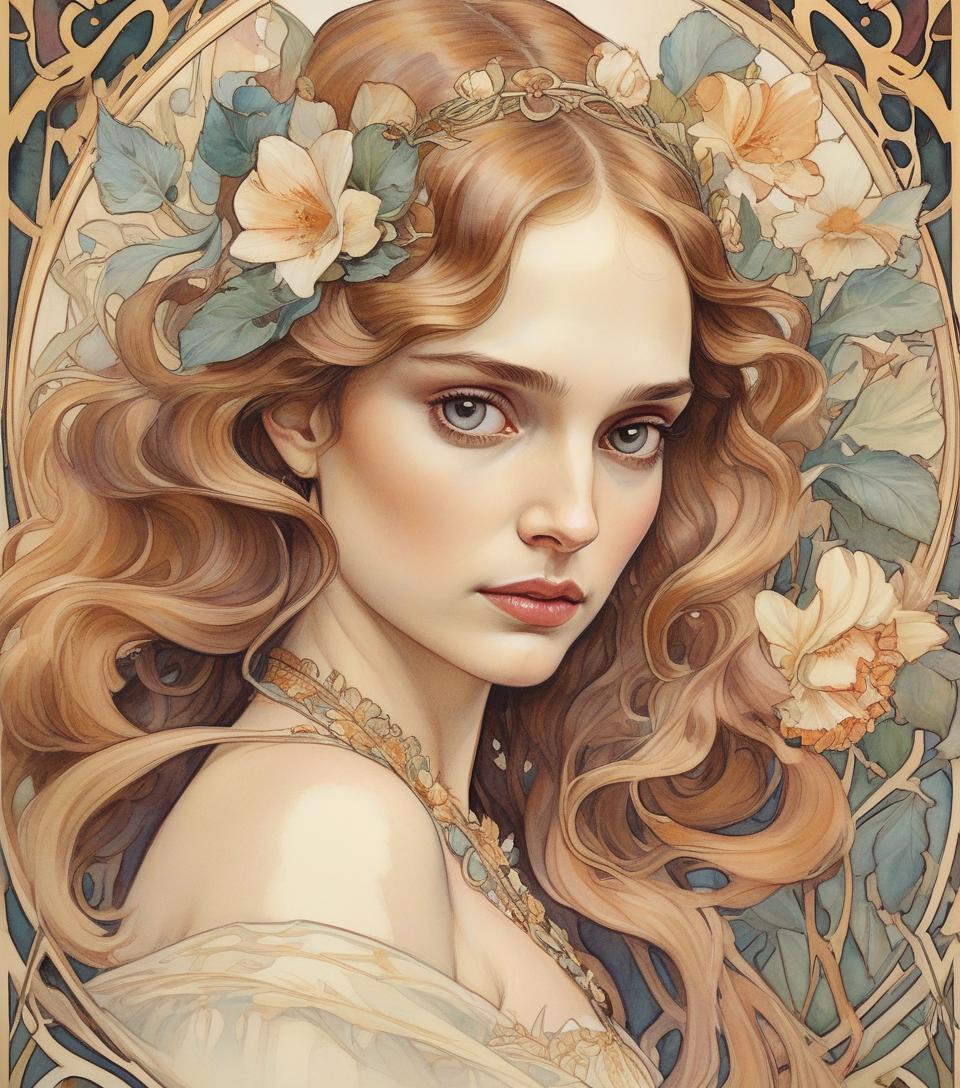  depicts a beautiful woman with flowers in her hair, (natalie portman:1.2), highly detailed watercolor painting, the style of alfons maria mucha and gustav kirmut, art nouveau accents, fairy princess, anthropomorphic woman, female figure, detailed cover artwork, as the flower goddess, alphonse mucha, gustav klimt, pale skin, marble sculpture, society, gothic art, art nouveau, behance contest winner