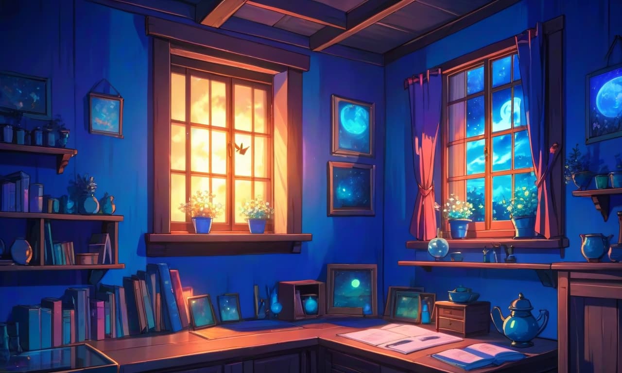  anime artwork night window at the witch's house. gloomy atmosphere. blue hues. close view . anime style, key visual, vibrant, studio anime, highly detailed