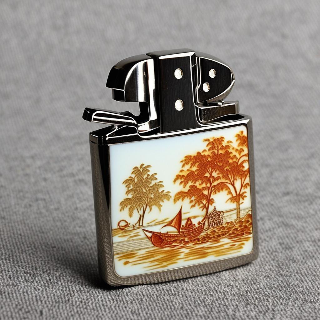  masterpiece, best quality,Draw a Zippo kerosene lighter shell decorated with figures, patterns using mother-of-pearl craft, put the lighter on the table