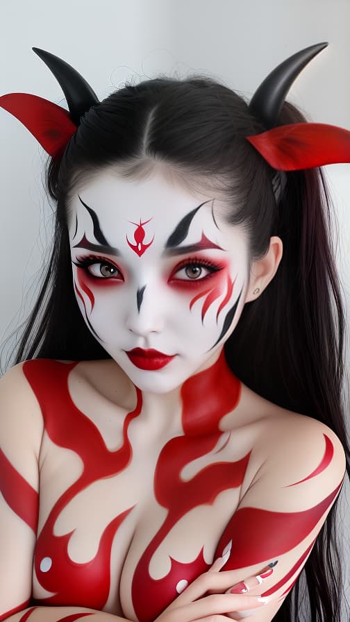  Full body red flame pattern body paint, Blark body paint on the whole body, White face paint on the face, succubus 女性