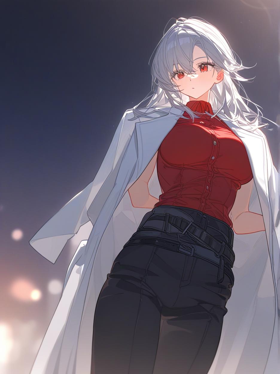  a strong woman, silver long hair. she has deep, beautiful red eyes that are very prominent, white eyelashes that are very prominent in the eyes. she wears dark dress pants. a red shirt with buttons on the front seam, two thin belts under the bust. a light gray lab coat on the shoulders. a very strong and slender body, his strong abdomen shows in the red shirt. the background is a futuristic area where people practice combat in the background. she has a cup of coffee in her hands. well highlighted eyes with white eyelashes details, 8k. . best quality, high resolution