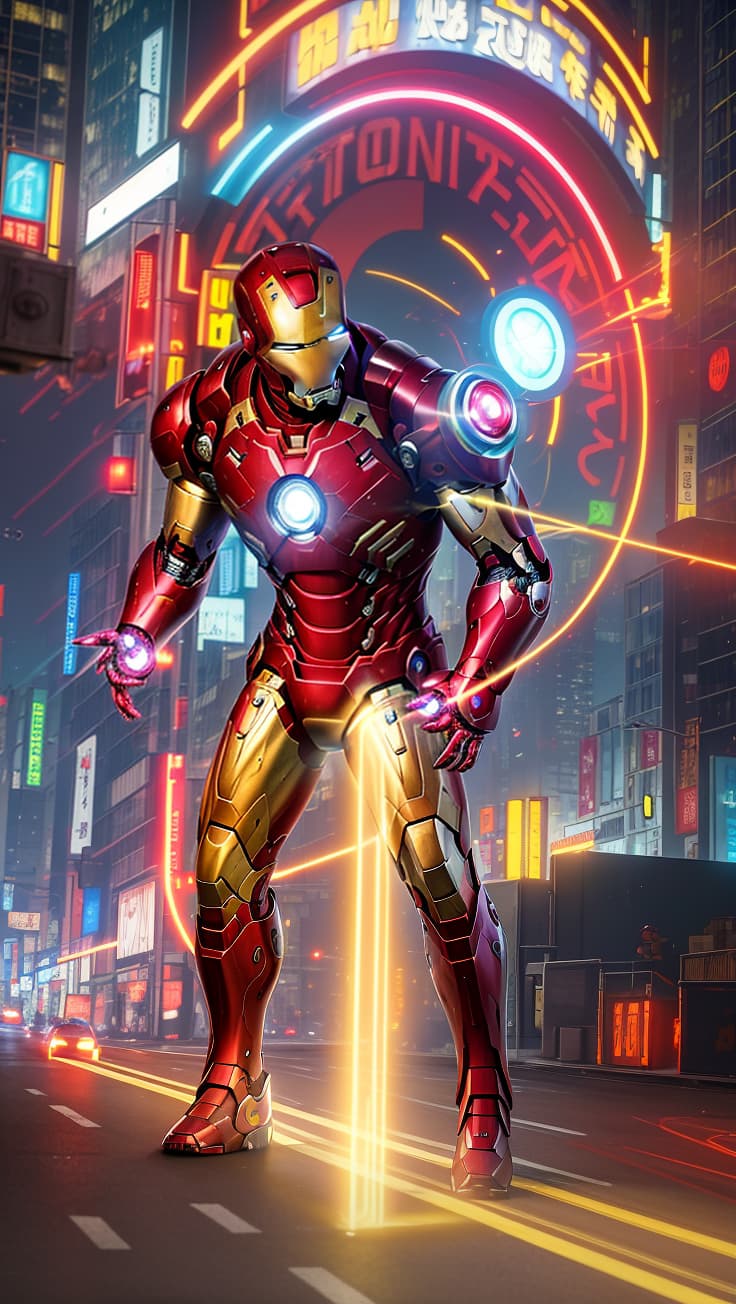  masterpiece, best quality, best quality, masterpiece, 8k resolution, realistic, highly detailed, close up of iron man. in a cyberpunk style night scene of the city, he stands on a street lined with tall buildings. the city's night lights are bright, the surrounding buildings and streets are filled with cyberpunk elements such as neon lights, high tech devices, and futuristic architectural designs.